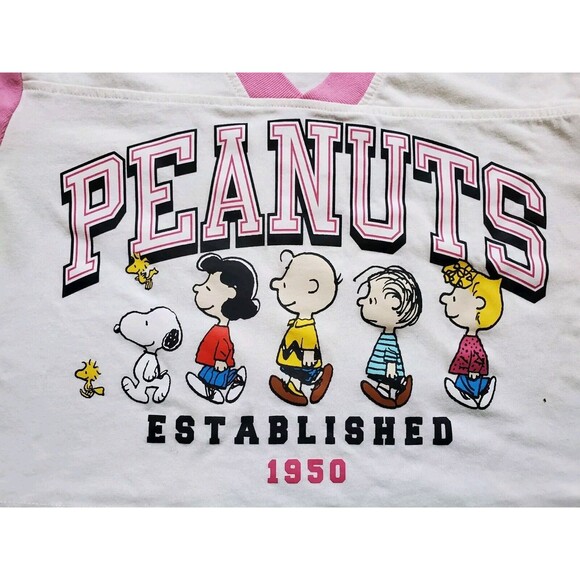 Peanuts Shirt Woman XS Snoopy Short Sleeve White Pink Crop Top V Neck Cartoon - Picture 3 of 6